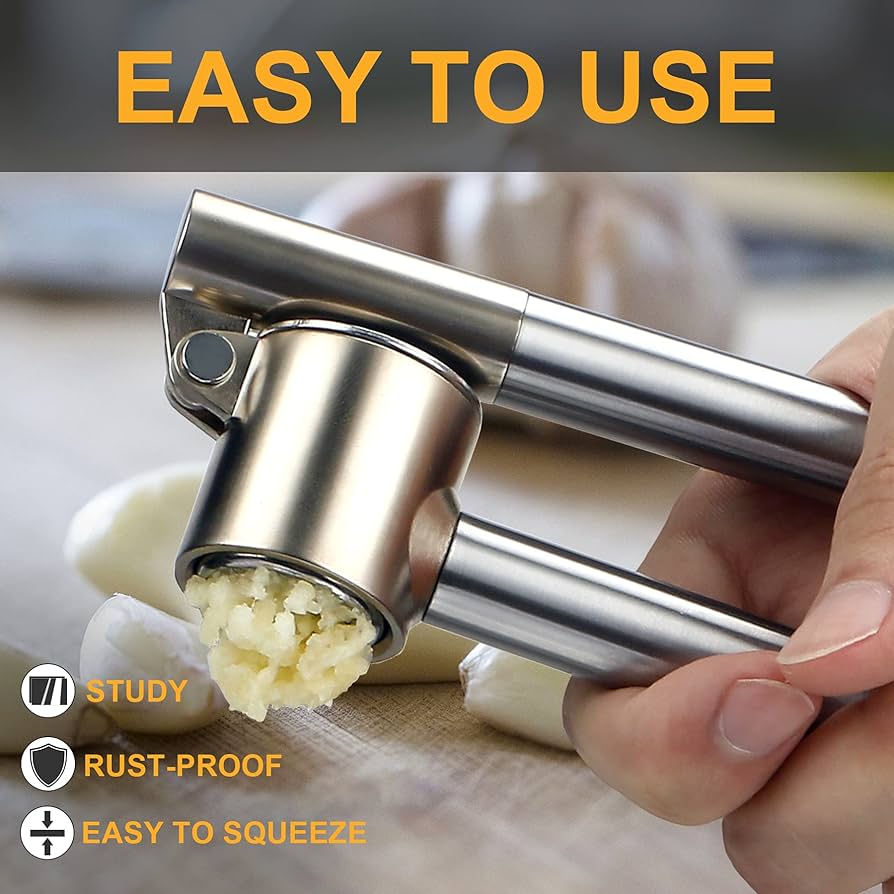 Problems Solved stainless steel garlic press with ergonomic handle and stainless steel mincer for easy garlic crushing and mincing.