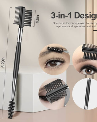Problems Solved eyebrow brush and eyelash separator set with three makeup tools for grooming and defining brows and lashes.