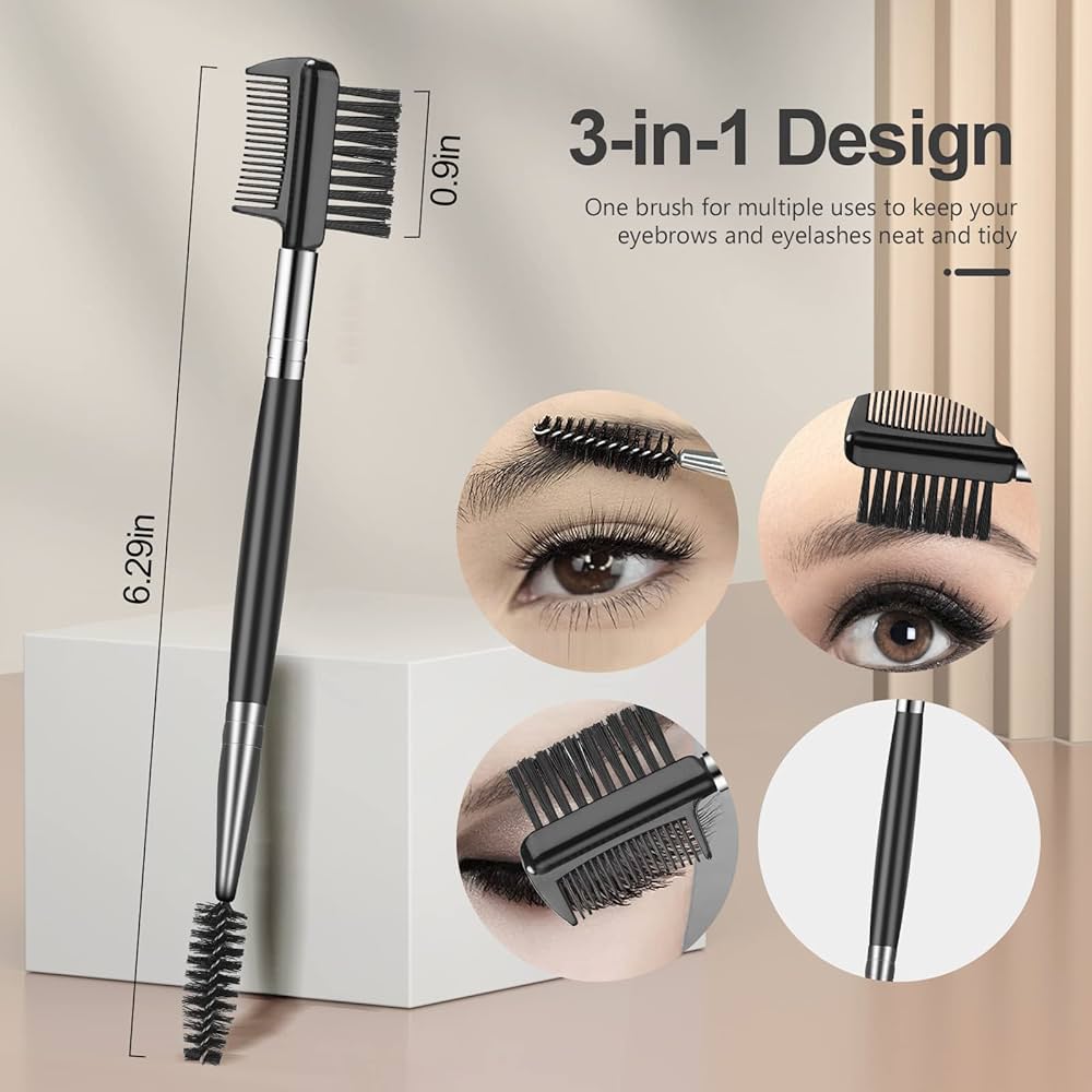 Problems Solved eyebrow brush and eyelash separator set with three makeup tools for grooming and defining brows and lashes.