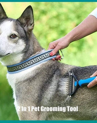 Problems Solved 2-in-1 pet grooming tool with dual-sided dematting comb for dogs and cats, featuring a undercoat rake for easy grooming.