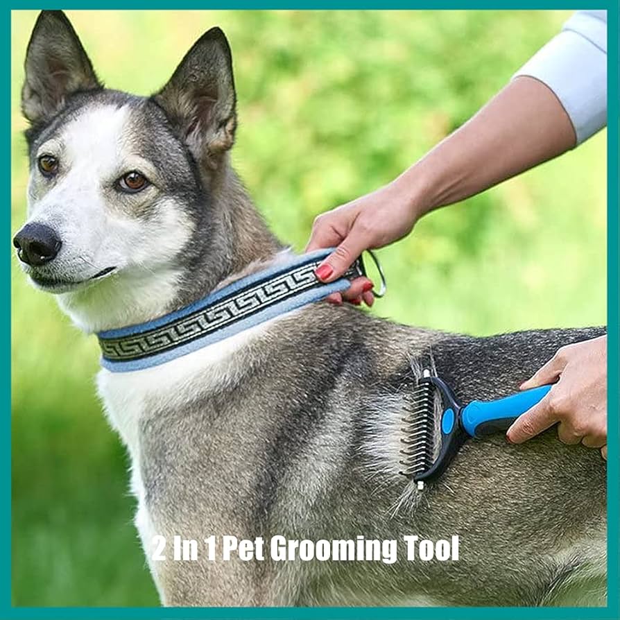 Problems Solved 2-in-1 pet grooming tool with dual-sided dematting comb for dogs and cats, featuring a undercoat rake for easy grooming.