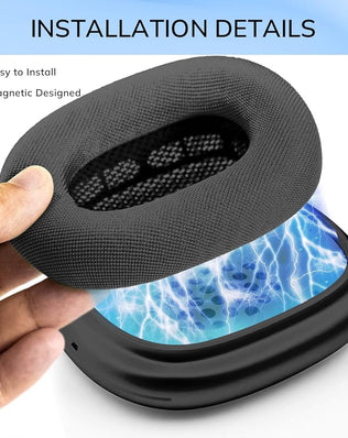 Problems Solved upgraded mesh ear cushions for AirPods Max headphones, showing soft, breathable replacement earpads attached to headphones.