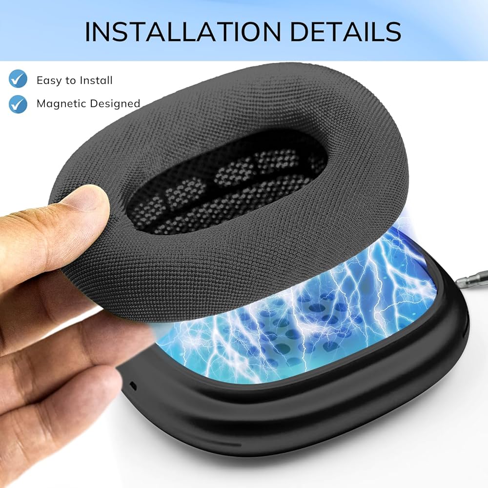 Problems Solved upgraded mesh ear cushions for AirPods Max headphones, showing soft, breathable replacement earpads attached to headphones.