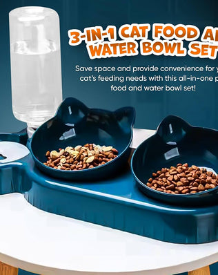 Problems Solved 3-in-1 cat food and water bowl set with waterproof mat, featuring raised, tilted bowls for easy feeding.