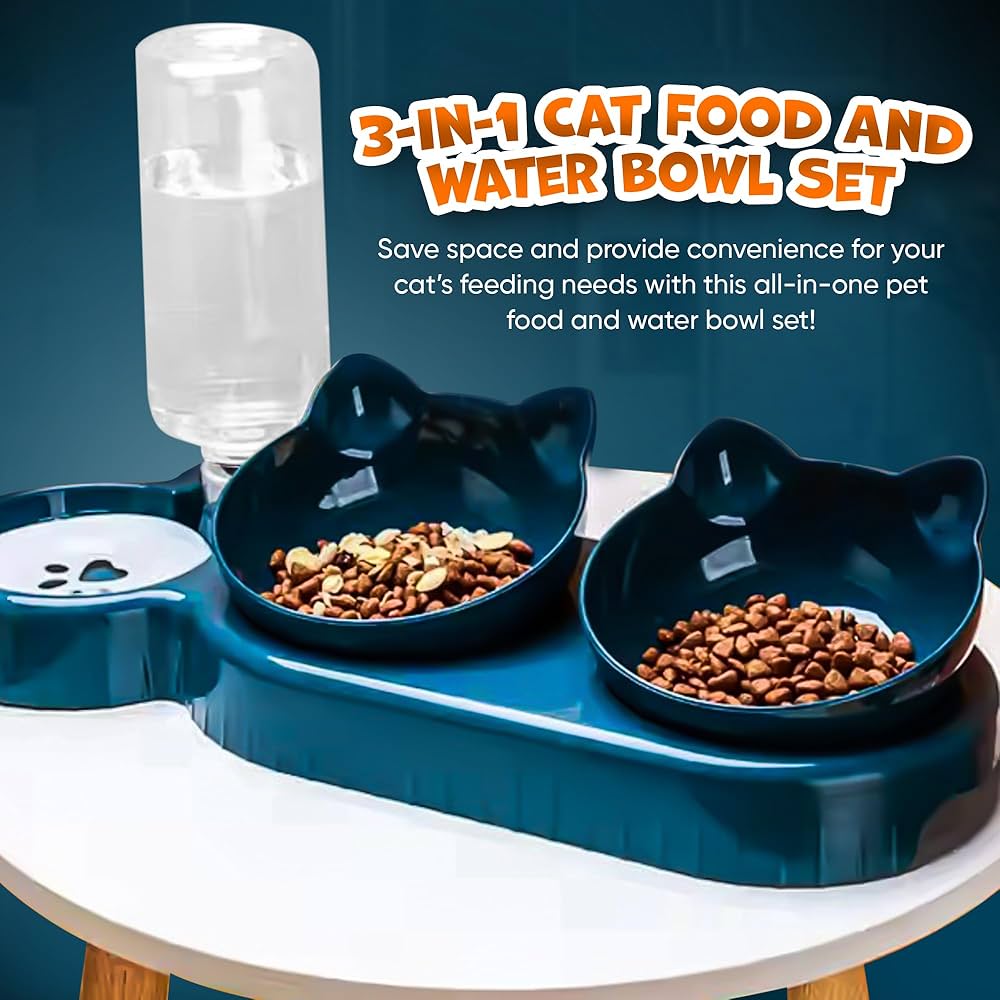 Problems Solved 3-in-1 cat food and water bowl set with waterproof mat, featuring raised, tilted bowls for easy feeding.