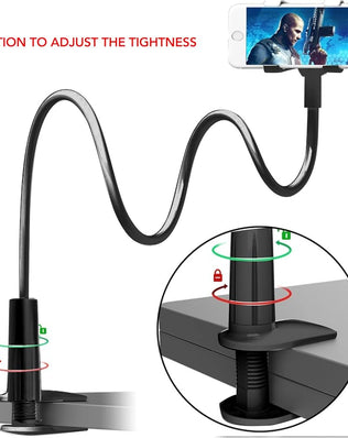 Problems Solved foldable cell phone and tablet holder with flexible arm and 360-degree clip mount for hands-free viewing.