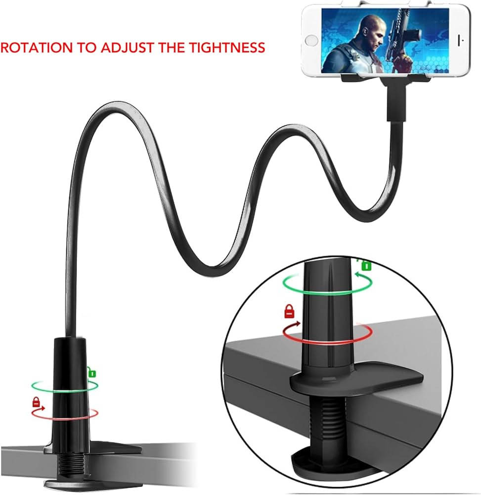 Problems Solved foldable cell phone and tablet holder with flexible arm and 360-degree clip mount for hands-free viewing.