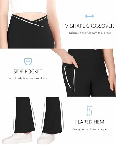Girls flared leggings from Problems Solved, high-waisted kids' pants with V cross design and fashionable flared leg style.