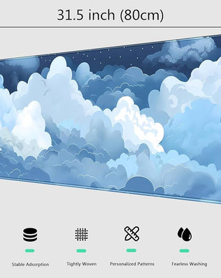 Problems Solved blue and white cloud desk mat, soft puffy gaming mouse pad with cute cloud design for computer workspace.