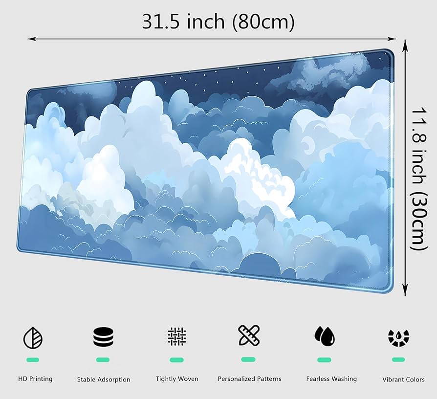 Problems Solved blue and white cloud desk mat, soft puffy gaming mouse pad with cute cloud design for computer workspace.