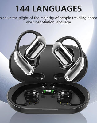 Problems Solved Translation Earbuds Real Time AI language translator with compact design and touch controls in the image.