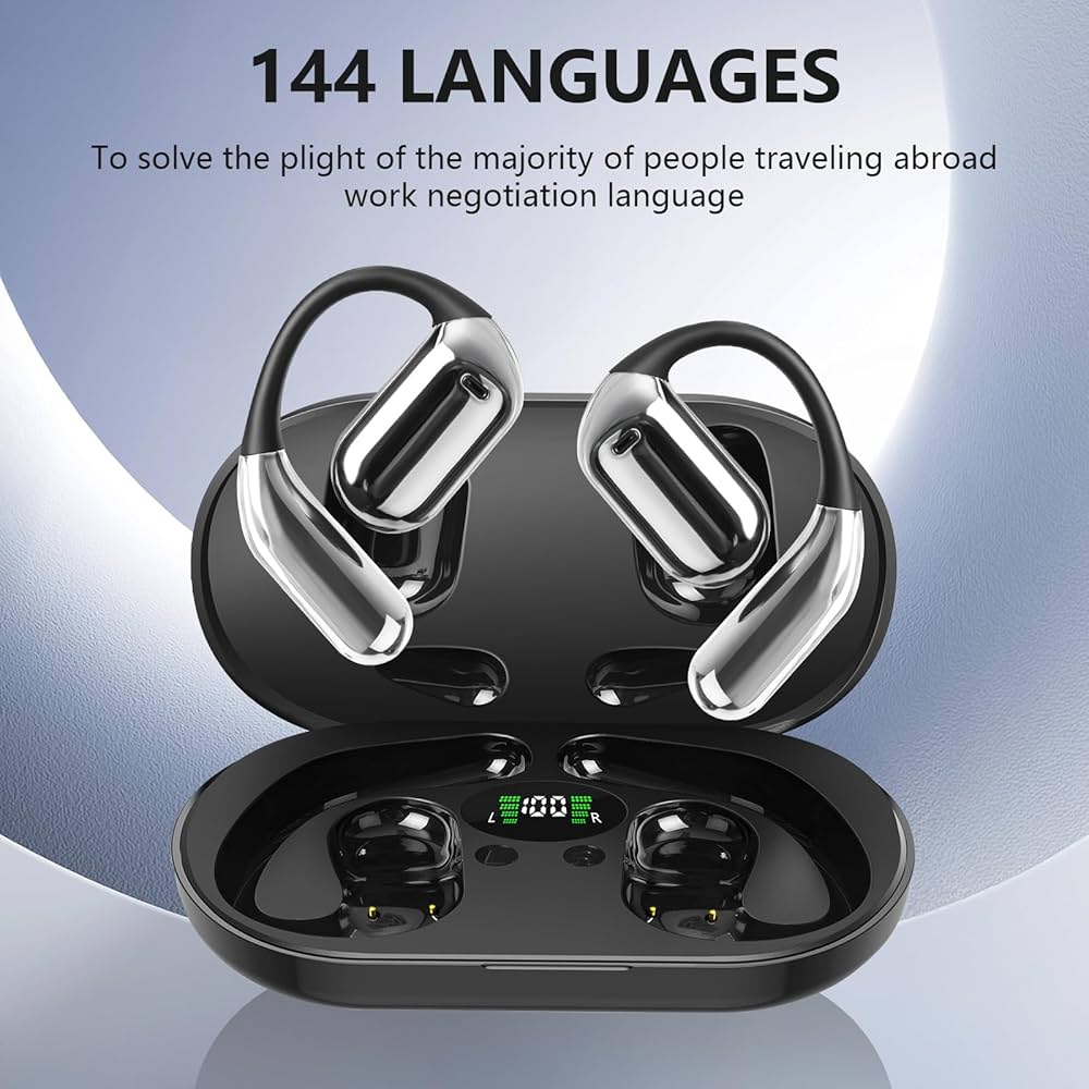 Problems Solved Translation Earbuds Real Time AI language translator with compact design and touch controls in the image.