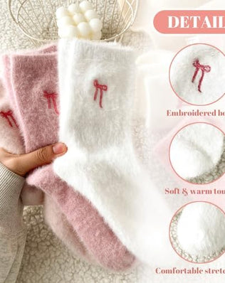 5 Pairs Soft Warm Socks for Women with Bow, Thick Winter Socks for Home