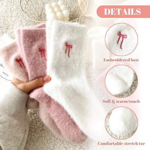 5 Pairs Soft Warm Socks for Women with Bow, Thick Winter Socks for Home