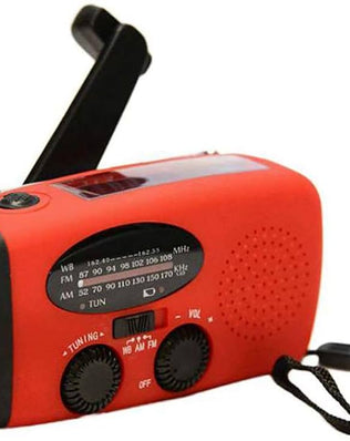 Problems Solved emergency radio with 2000mAh power bank, hand crank, solar panel, and built-in flashlight for preparedness.