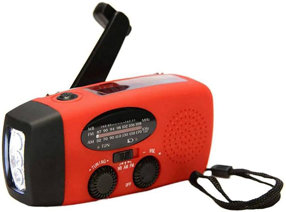 Problems Solved emergency radio with 2000mAh power bank, hand crank, solar panel, and built-in flashlight for preparedness.
