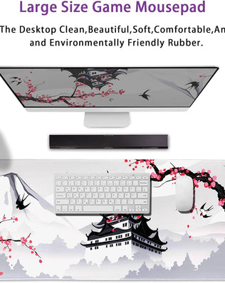 Problems Solved large gaming laptop mouse pad featuring a Japanese cherry blossom design in white, ideal for gaming and work.