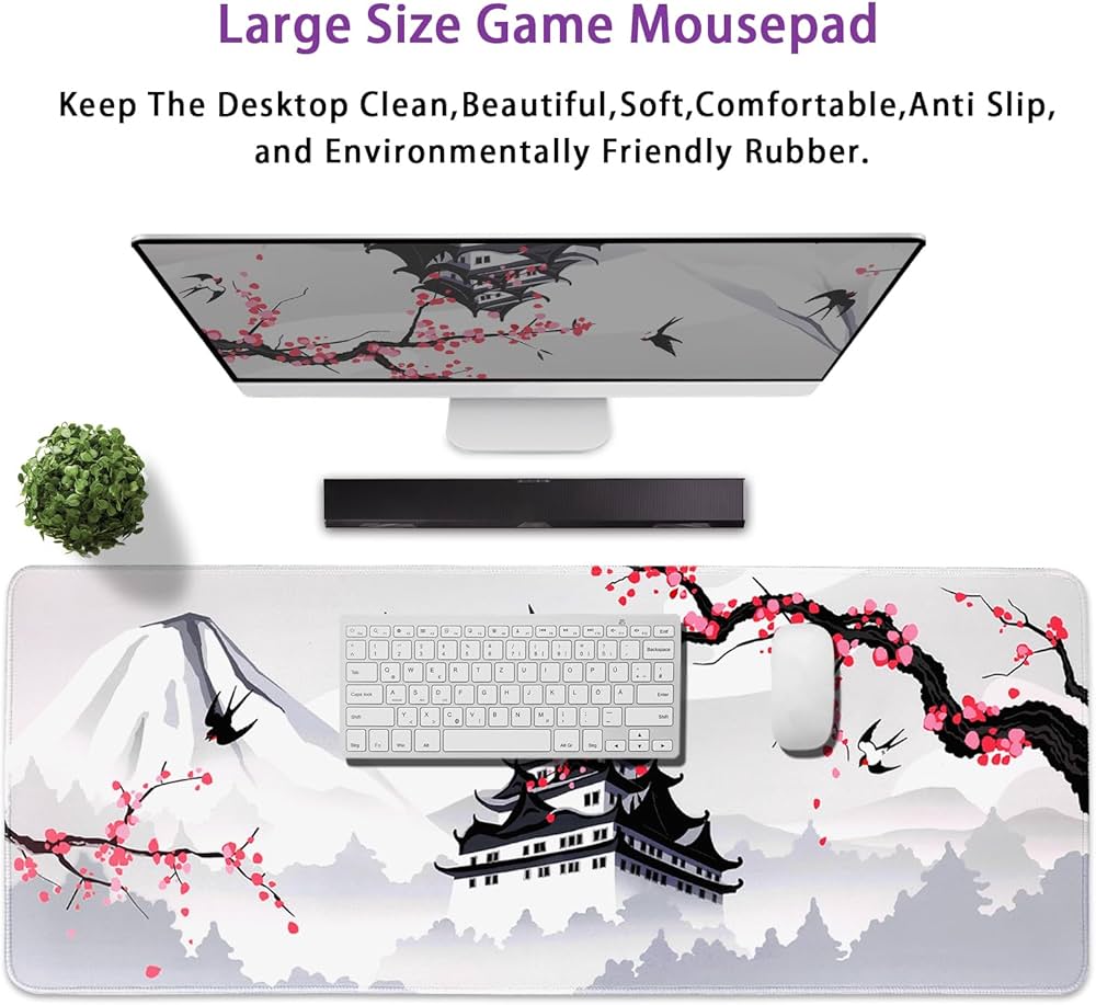 Problems Solved large gaming laptop mouse pad featuring a Japanese cherry blossom design in white, ideal for gaming and work.