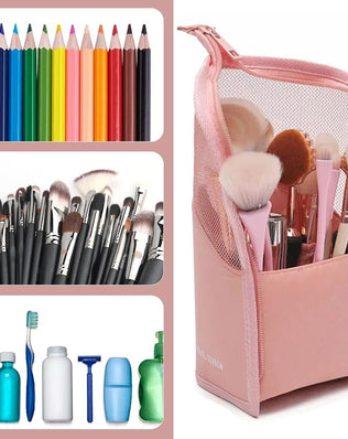 Problems Solved multifunctional makeup brush bag with a half-clear design, organizing makeup brushes and cosmetic tools efficiently.
