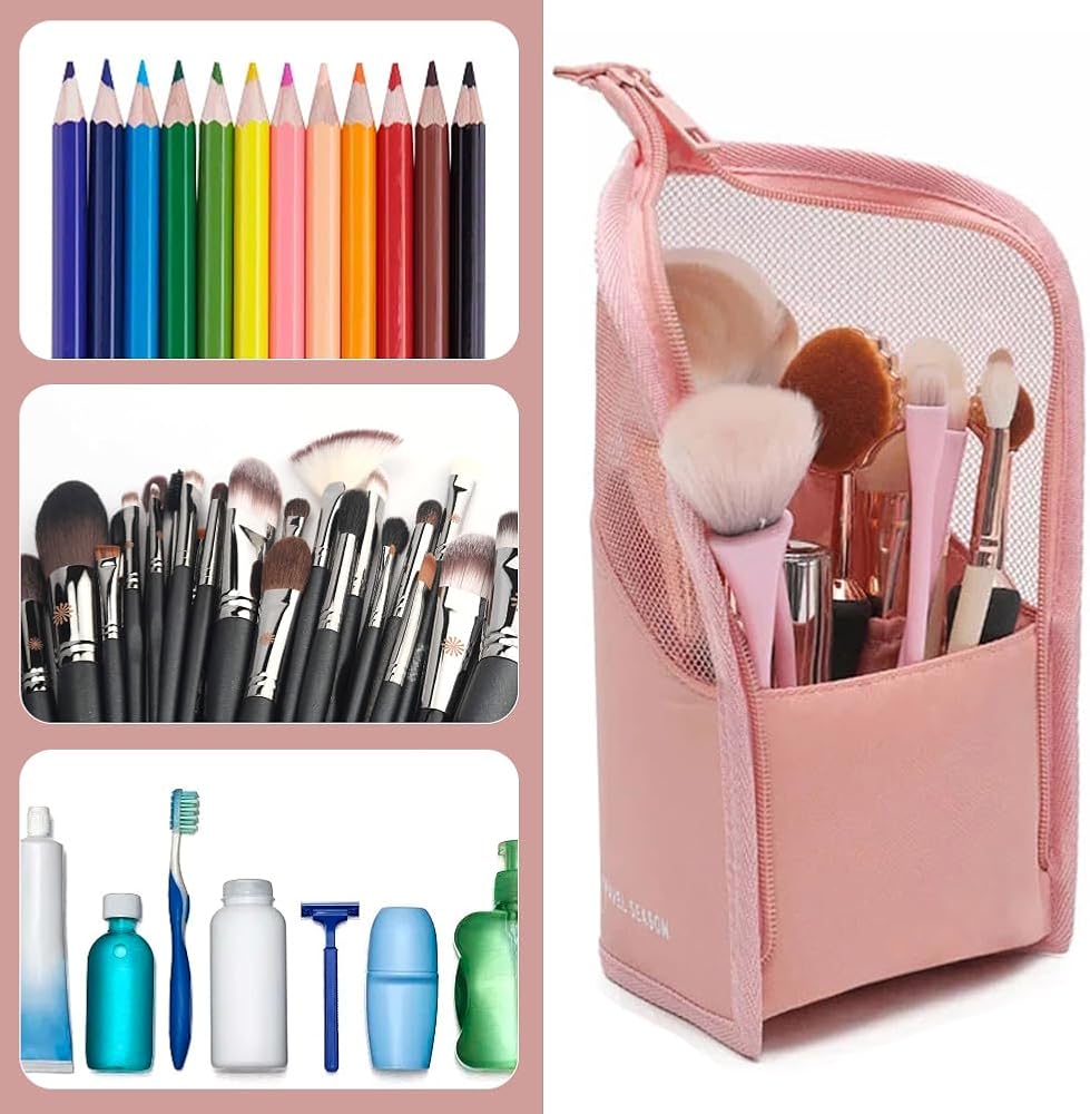 Problems Solved multifunctional makeup brush bag with a half-clear design, organizing makeup brushes and cosmetic tools efficiently.