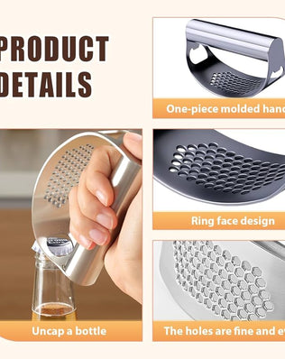 Problems Solved stainless steel garlic press rocker with ergonomic handle, designed for crushing garlic cloves easily and efficiently.