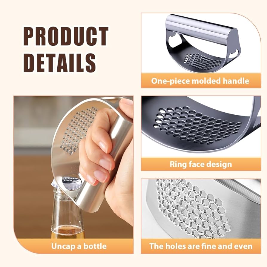 Problems Solved stainless steel garlic press rocker with ergonomic handle, designed for crushing garlic cloves easily and efficiently.