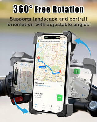 Problems Solved bike phone handlebar mount with anti-vibration and safety lock, showing adjustable 360º rotation on a motorbike.