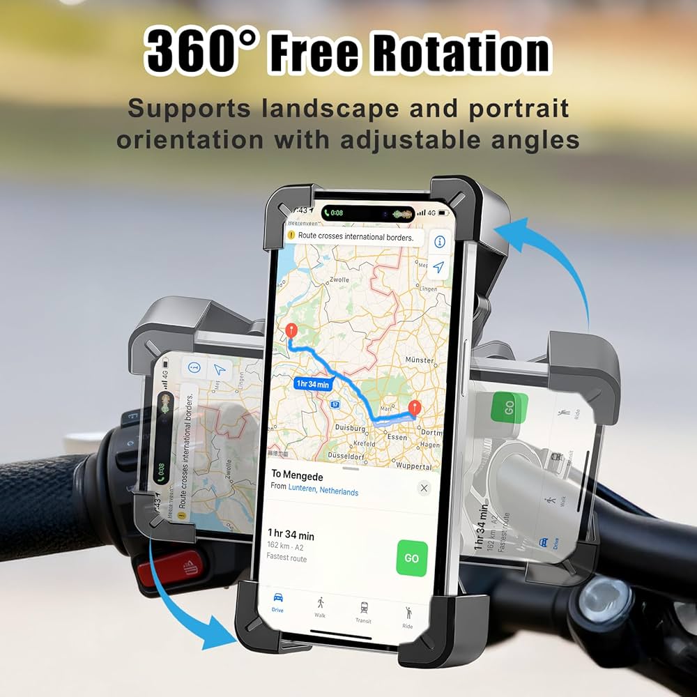 Problems Solved bike phone handlebar mount with anti-vibration and safety lock, showing adjustable 360º rotation on a motorbike.