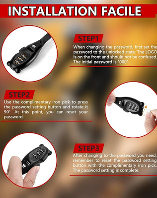 Problems Solved 3-digit combination cable lock with adjustable zip tie style securing bike rack in this close-up image.