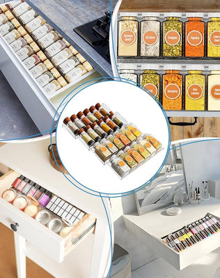 Problems Solved spice rack drawer organizer with labeled spice jars inside a kitchen drawer for efficient spice storage