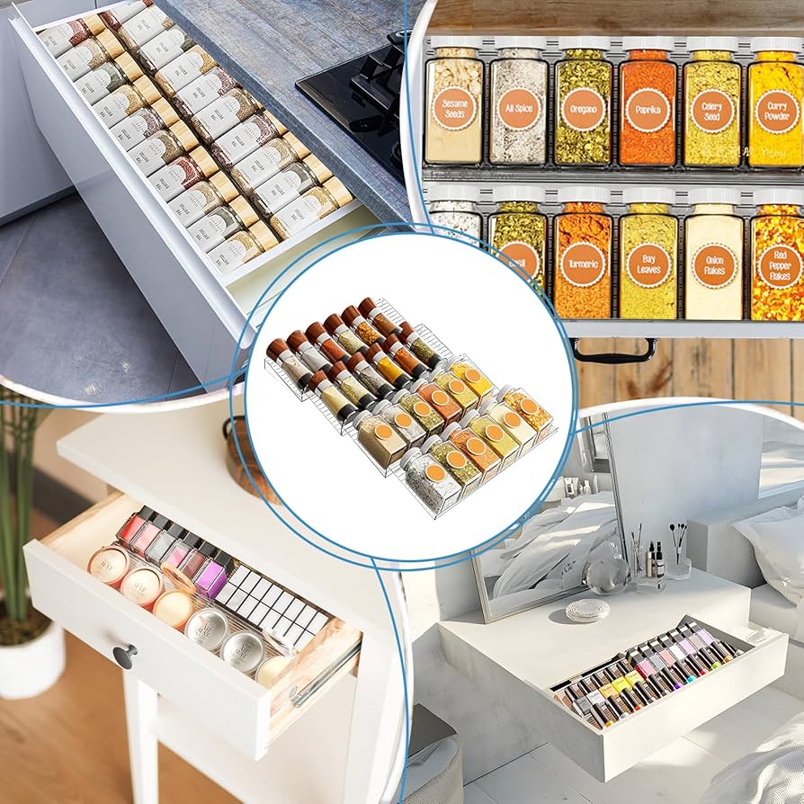 Problems Solved spice rack drawer organizer with labeled spice jars inside a kitchen drawer for efficient spice storage