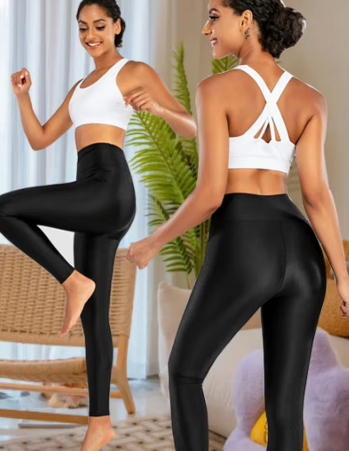 Problems Solved shiny stage performance oil leggings, high elastic skinny fit, close-up of reflective, smooth, metallic fabric.