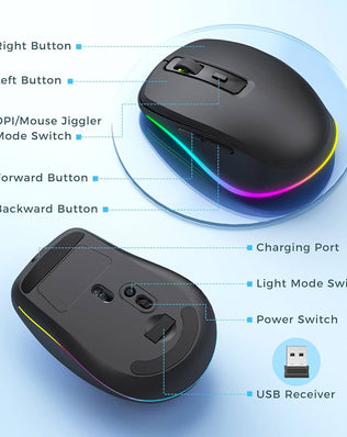 Wireless Problems Solved LED rechargeable mouse with 2.4G USB receiver, silent clicking, and illuminated light for laptops.