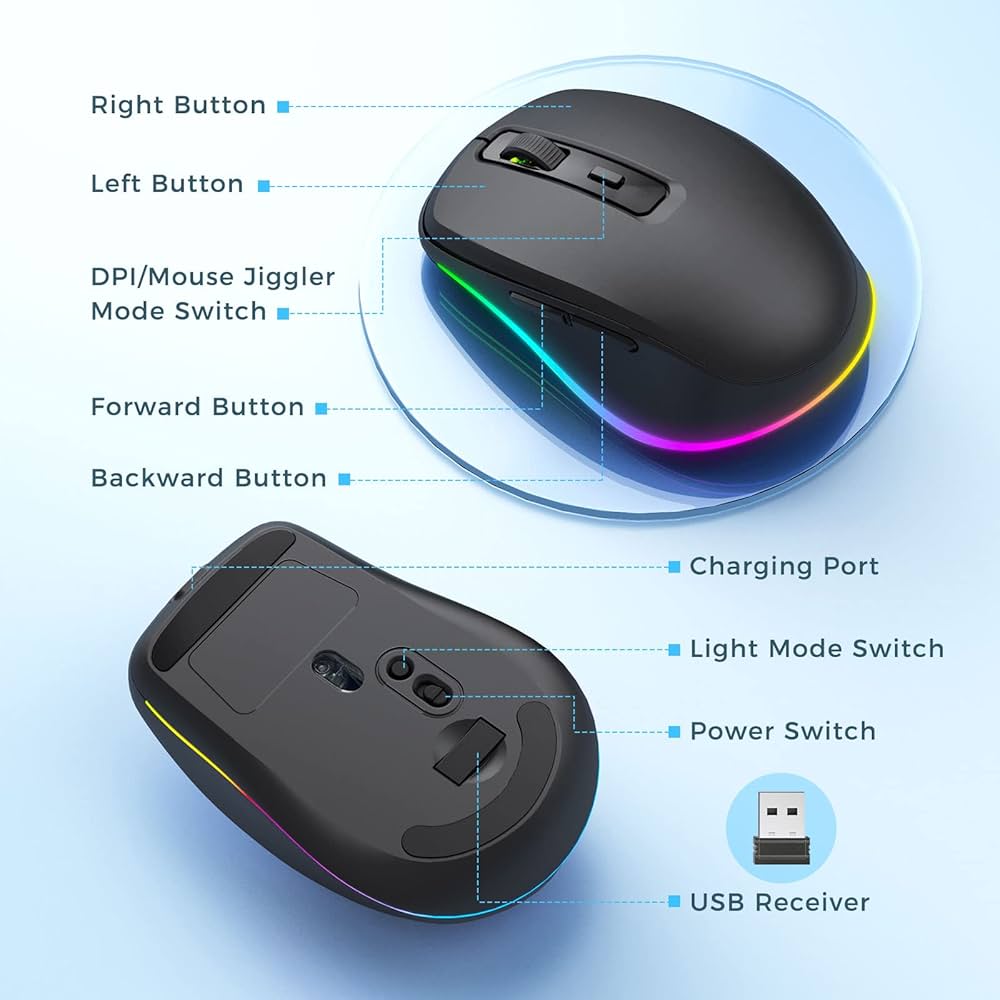 Wireless Problems Solved LED rechargeable mouse with 2.4G USB receiver, silent clicking, and illuminated light for laptops.