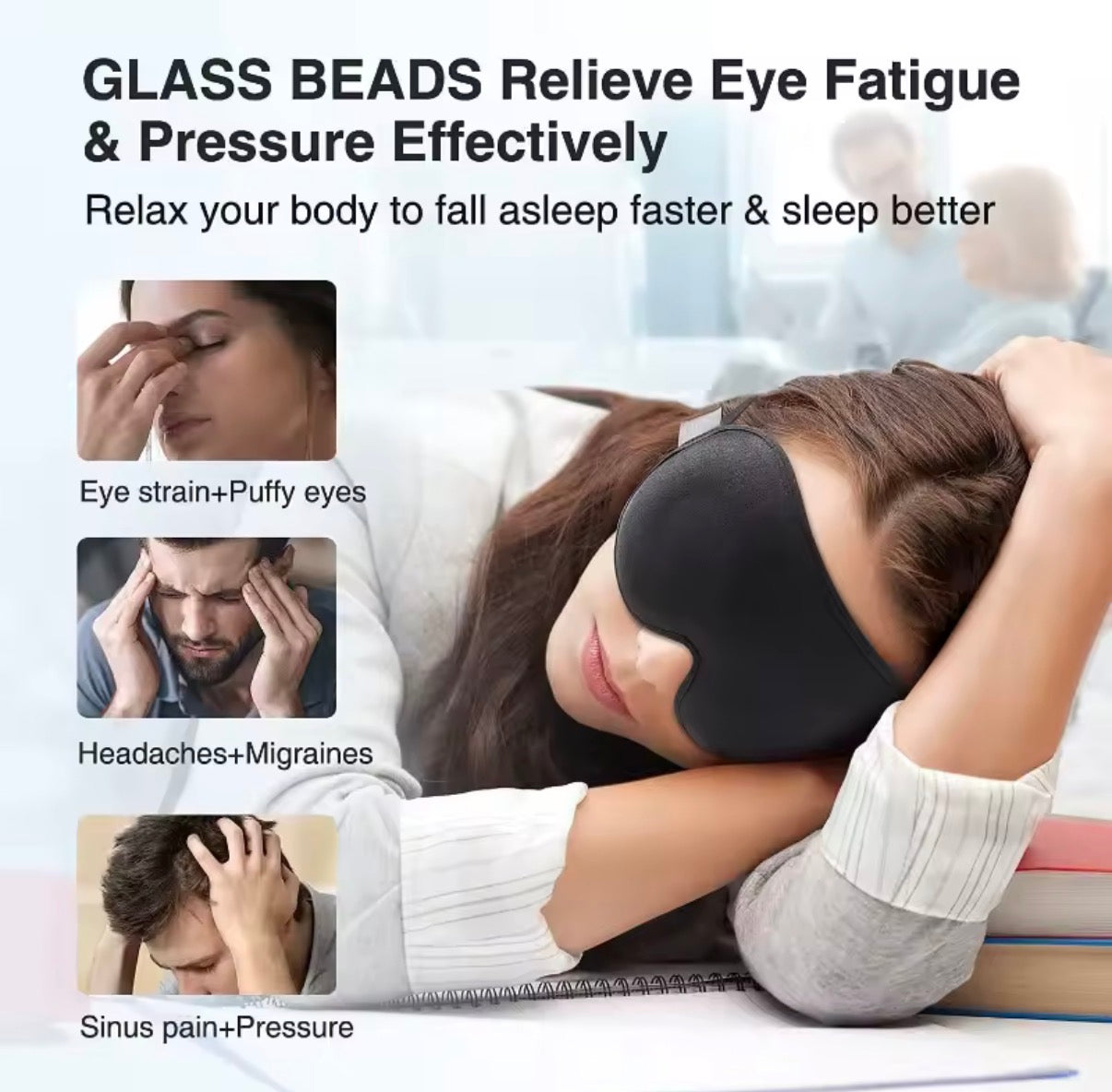 Problems Solved 3D weighted sleep mask for women and men, blocks light for restful sleep, comfortable eye mask for relaxation.
