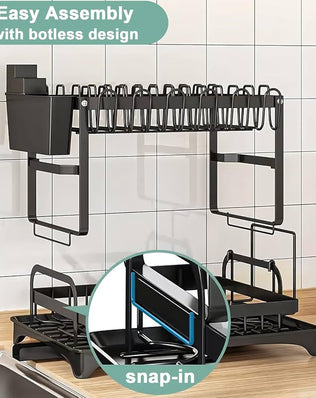 Problems Solved black 2-tier stainless steel dish drainer with drip tray for drying dishes and utensils.