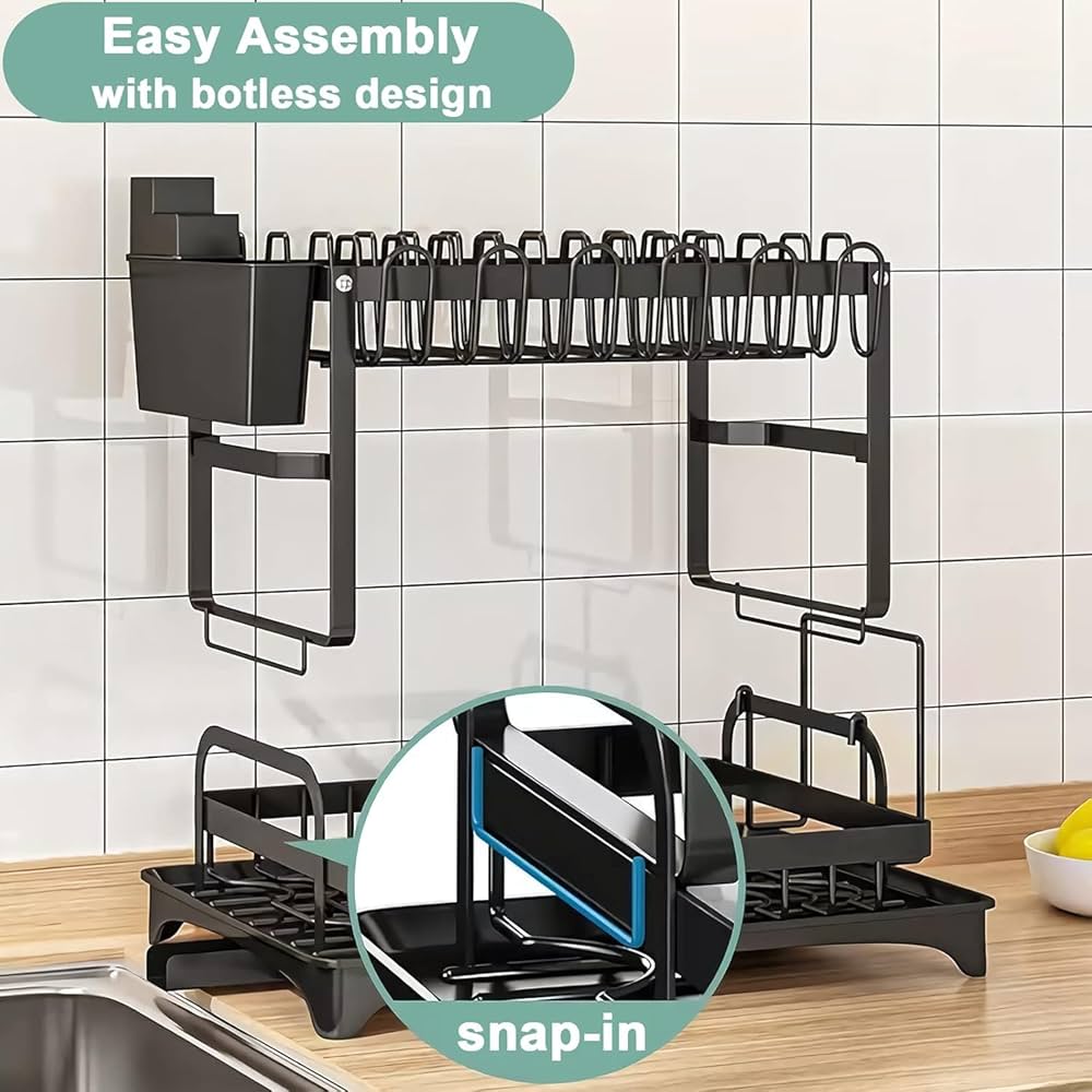 Problems Solved black 2-tier stainless steel dish drainer with drip tray for drying dishes and utensils.