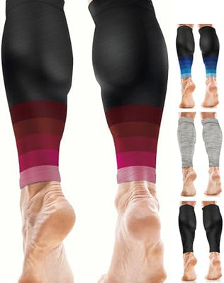Pair of Problems Solved calf support compression sleeves for women and men, designed for running and muscle compression.