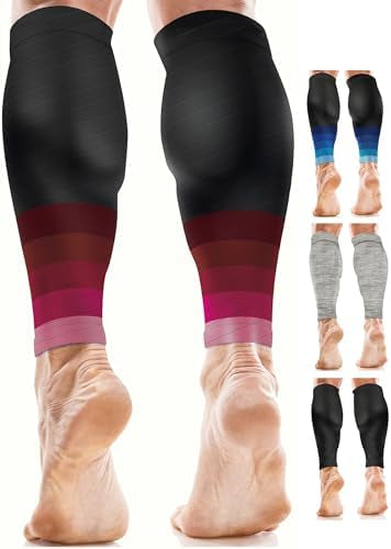 Pair of Problems Solved calf support compression sleeves for women and men, designed for running and muscle compression.