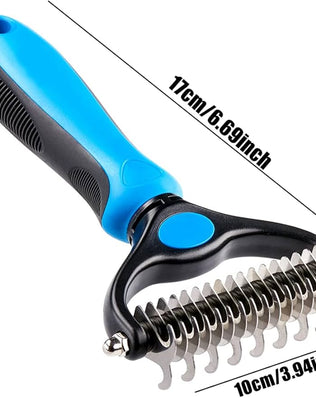 Problems Solved 2-in-1 pet grooming tool with dematting comb for dogs and cats, featuring a dual-sided undercoat rake.