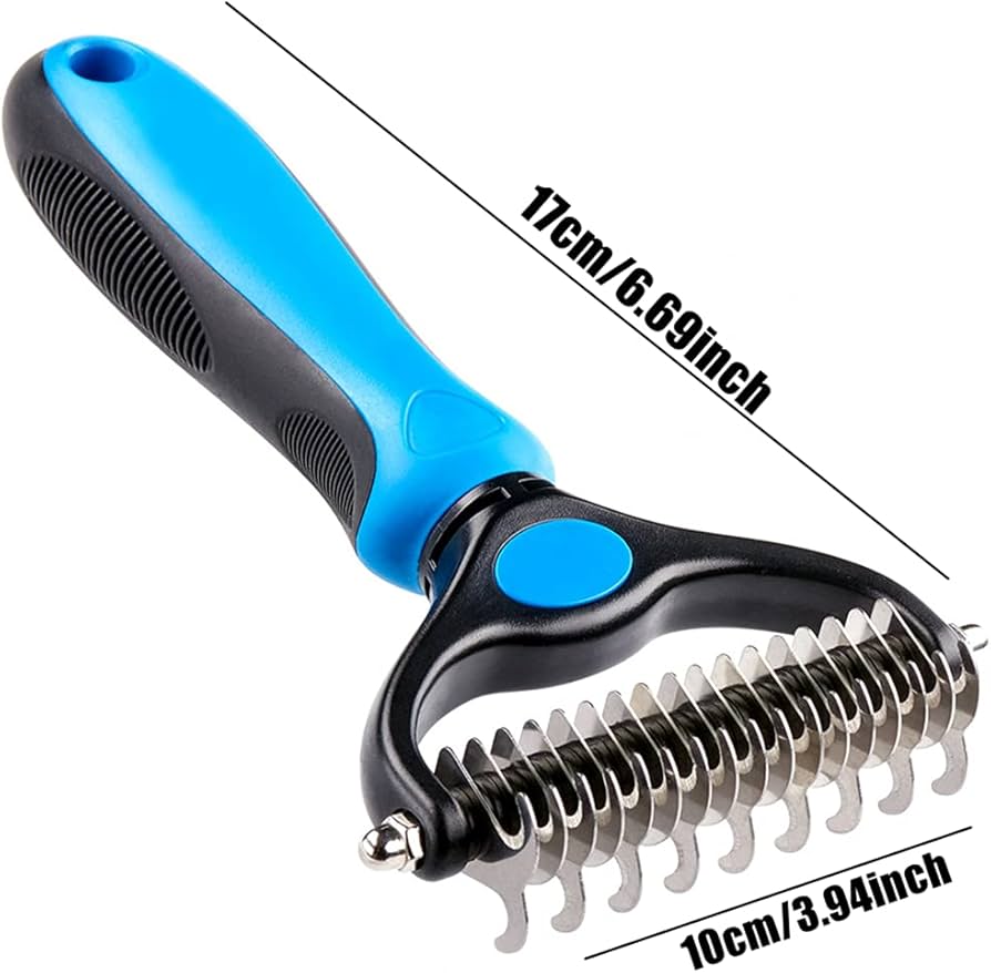 Problems Solved 2-in-1 pet grooming tool with dematting comb for dogs and cats, featuring a dual-sided undercoat rake.