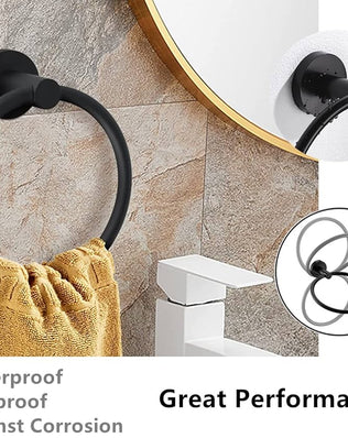 Towel Ring, Wall Mounted Toilet Paper Holder, 2 Pieces Classic Matte Black