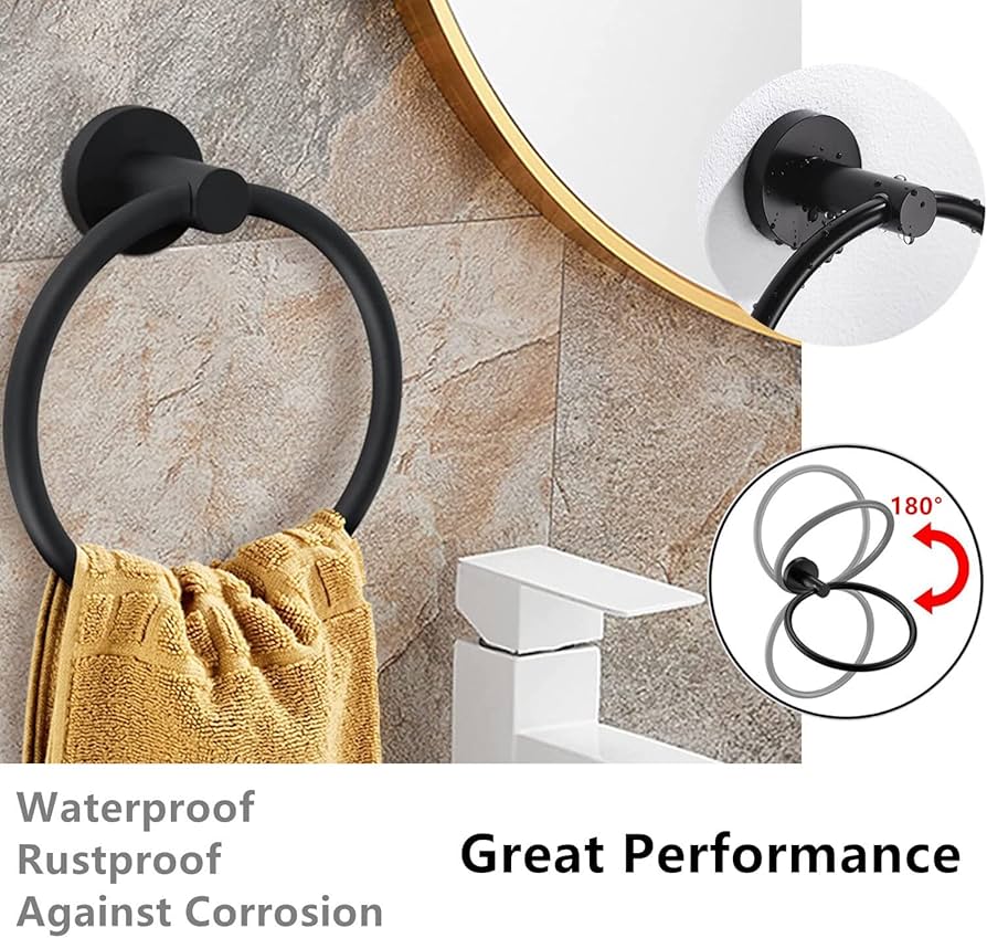 Towel Ring, Wall Mounted Toilet Paper Holder, 2 Pieces Classic Matte Black
