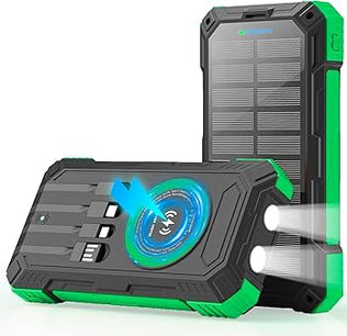 Problems Solved solar power bank with dual USB ports, LED flashlight, and compass for portable outdoor charging.