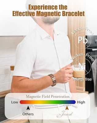 Copper magnetic bracelet for men by Problems Solved, 99% pure copper with strong magnetic features, shown on a wrist.