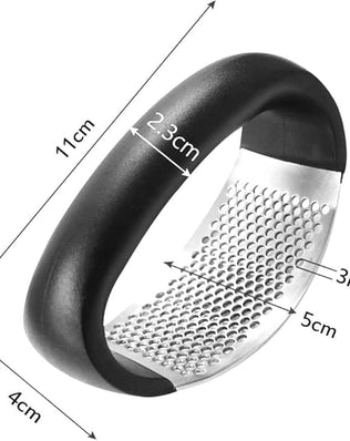 Problems Solved stainless steel garlic press with ergonomic handle, garlic crusher for easy garlic mincing in the kitchen.