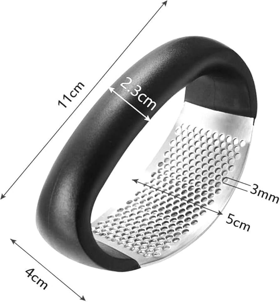 Problems Solved stainless steel garlic press with ergonomic handle, garlic crusher for easy garlic mincing in the kitchen.