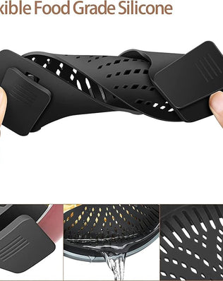 Silicone clip-on pot strainer from Problems Solved for hands-free, easy draining of food from cookware.