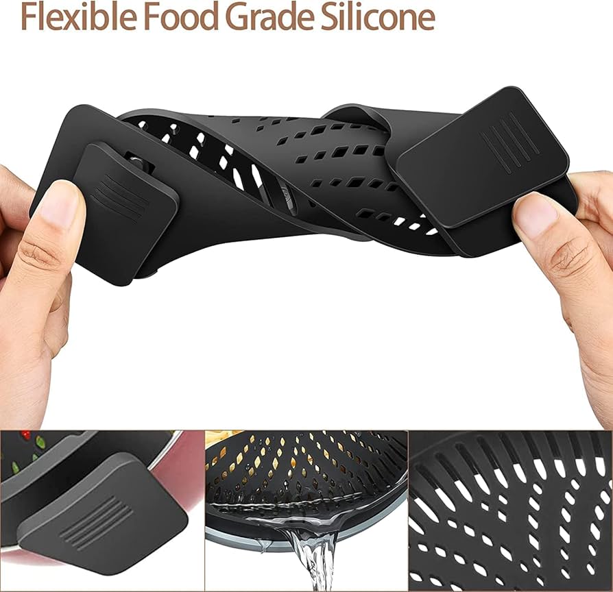 Silicone clip-on pot strainer from Problems Solved for hands-free, easy draining of food from cookware.