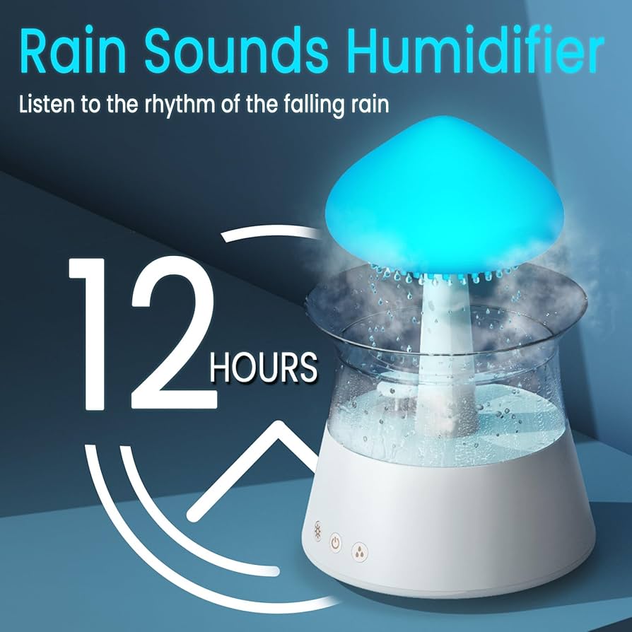 Cloud Humidifier with Remote Control, Waterfall Lamp, Mushroom Design, Rain Sounds